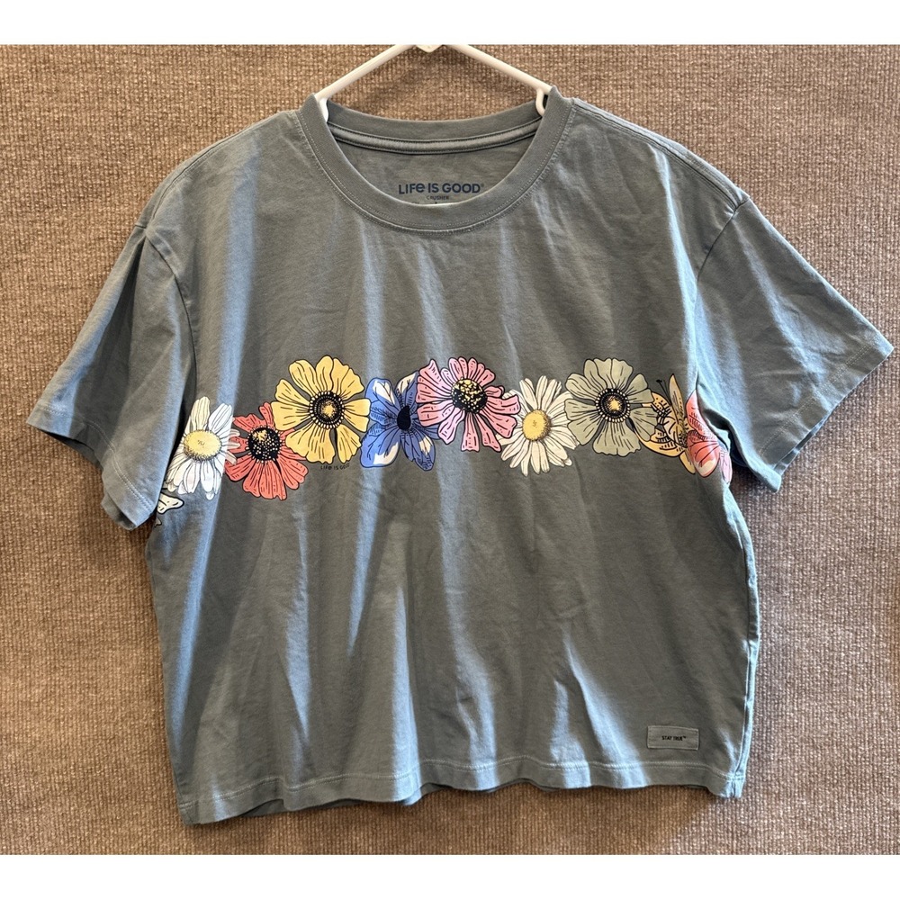 Life Is Good Crusher tee, Women, Blue, Floral Print, Boho, Hippie,Short Sleeve,